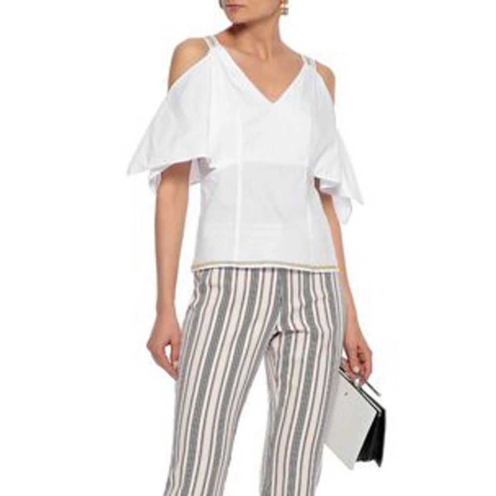 Peter Pilotto V-Neck Cotton Poplin Cold Shoulder Blouse White Size 10